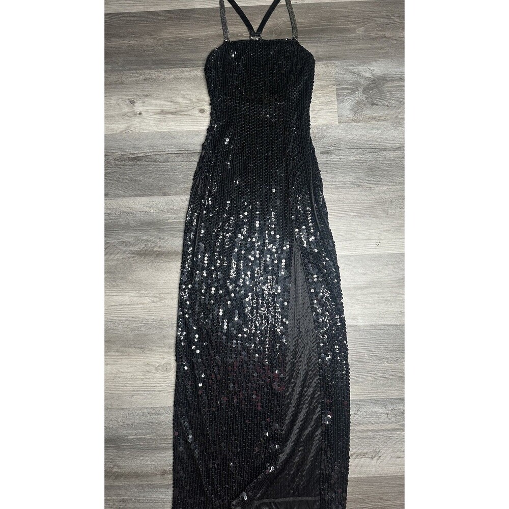 Vtg 90s Nite Line Black Sequin Maxi Dress Gown Slit Halter Sz 2